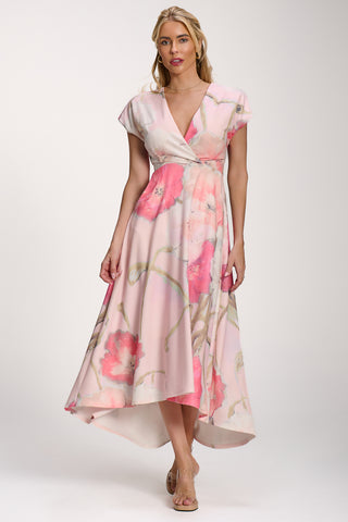 Printed Scuba Dipped Hem Midi Dress, Pink Floral