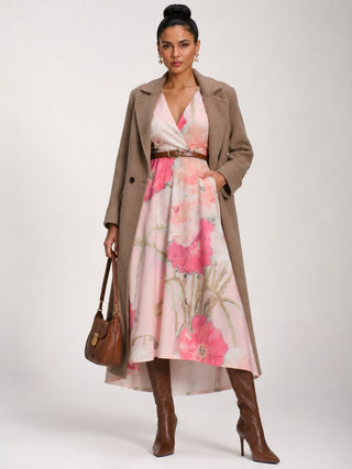 Printed Scuba Dipped Hem Midi Dress, Pink Floral
