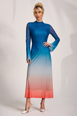 Long Sleeve High Neck Mesh Dress, Orange Multi