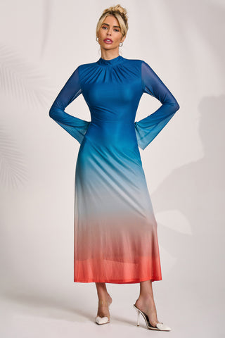 Long Sleeve High Neck Mesh Dress, Orange Multi