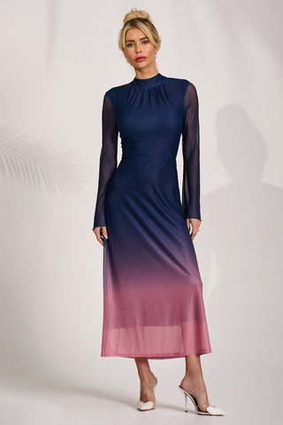 Long Sleeve High Neck Mesh Dress, Pink Multi