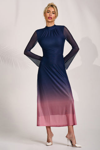 Long Sleeve High Neck Mesh Dress, Pink Multi