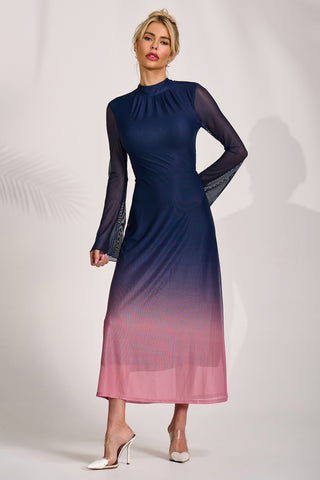 Long Sleeve High Neck Mesh Dress, Pink Multi