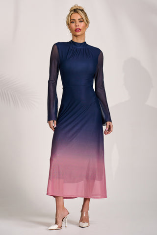 Long Sleeve High Neck Mesh Dress, Pink Multi