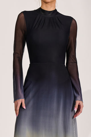 Long Sleeve High Neck Mesh Dress, Yellow Multi