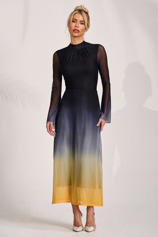 Long Sleeve High Neck Mesh Dress, Yellow Multi