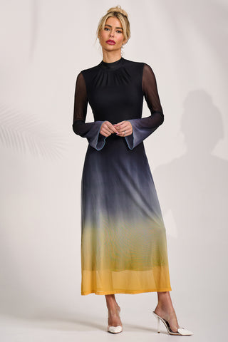 Long Sleeve High Neck Mesh Dress, Yellow Multi