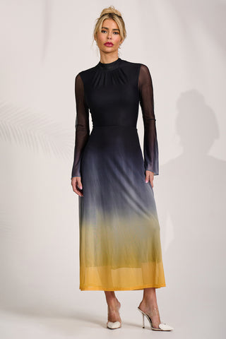 Long Sleeve High Neck Mesh Dress, Yellow Multi