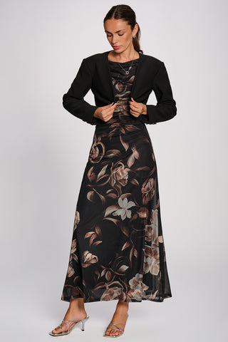 Multiway Neckline Mesh Maxi Dress, Brown Floral