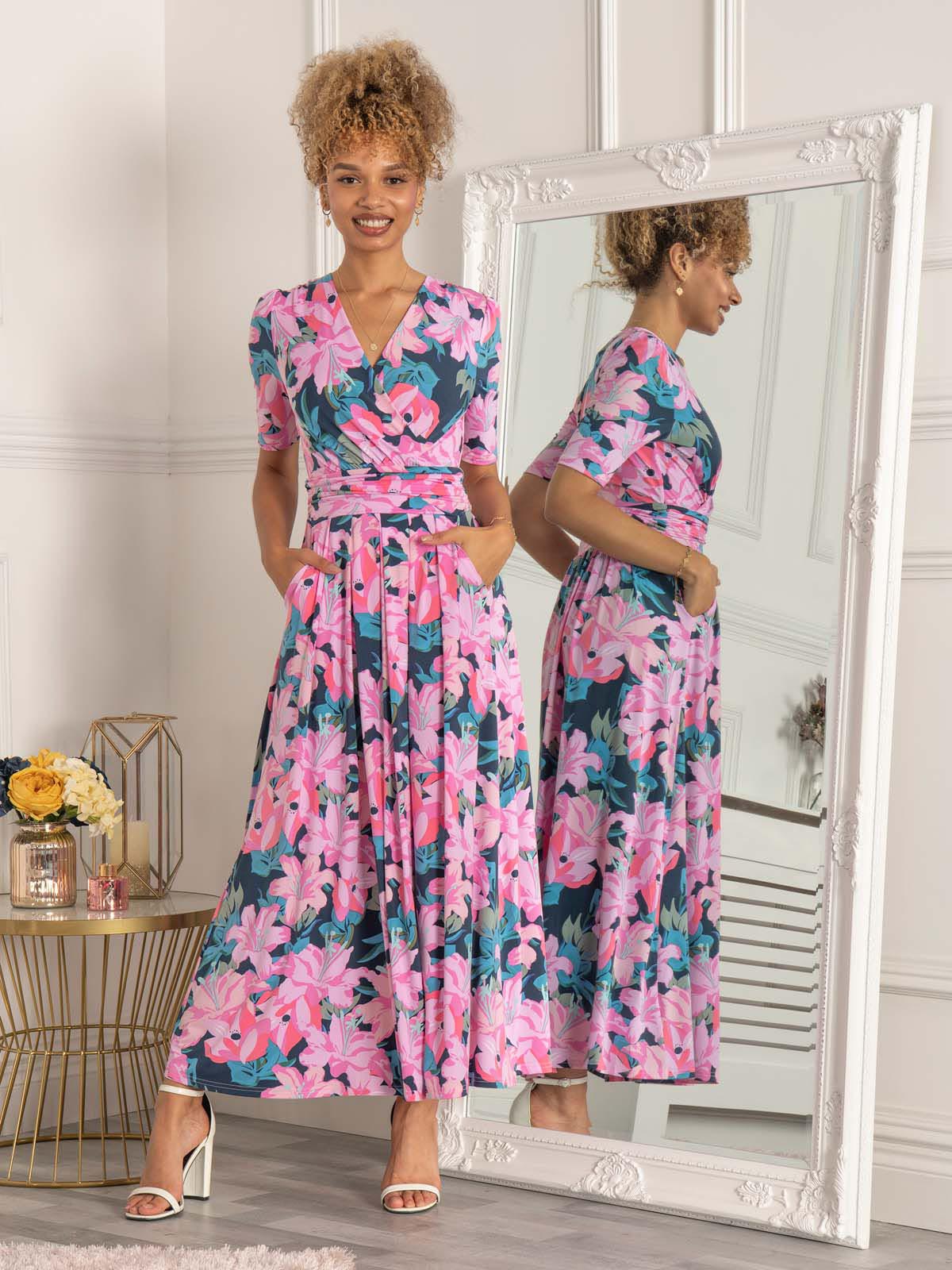 Calais Half Sleeve Maxi Dress, Pink Multi
