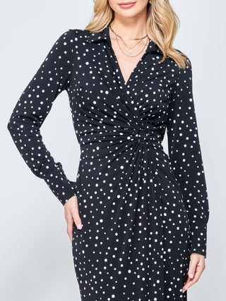 Spot Print Wrap Midi Shirt Dress, Black Spot