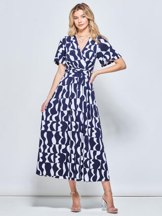 Print Angel Sleeve Jersey Maxi Dress, Navy Pattern