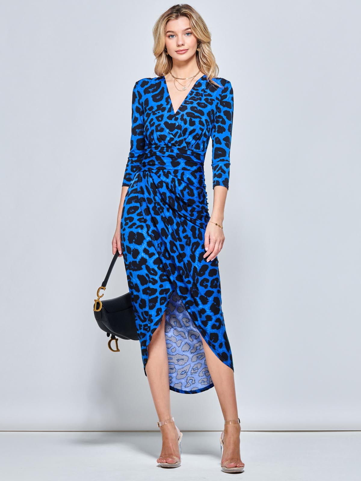 Print Wrap Front Bodycon Maxi Dress, Blue Animal
