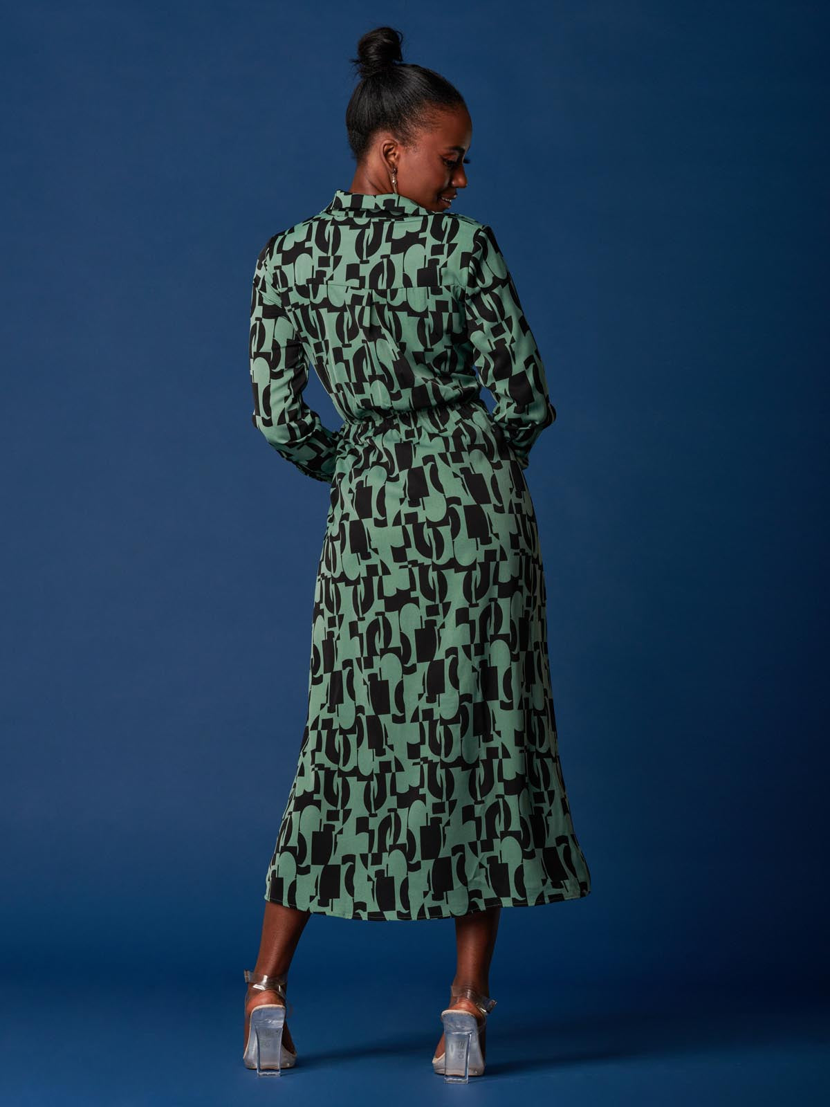 Wrap Detail Shirt Maxi Dress, Green Geo