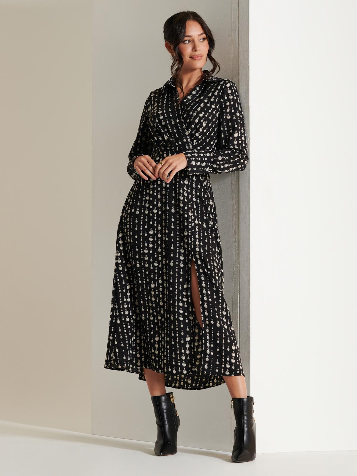 Wrap Detail Shirt Maxi Dress, Black Pattern