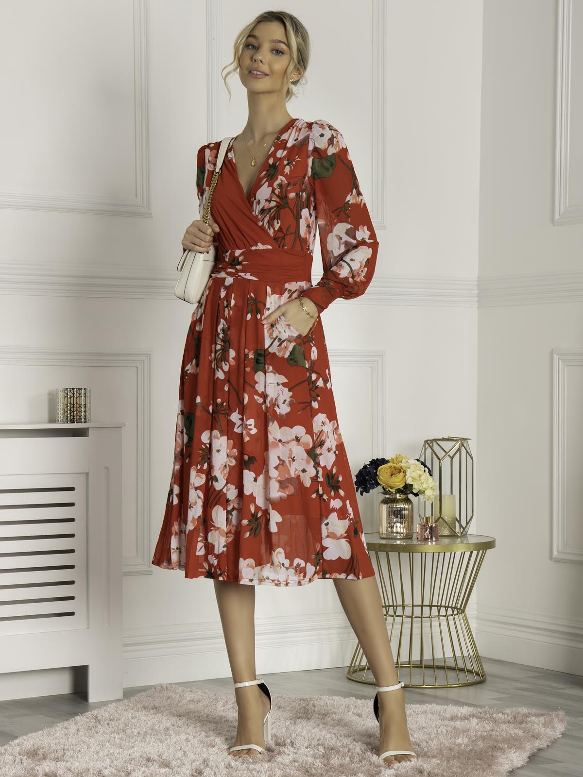 Eileen Long Sleeve Mesh Dress, Red Floral