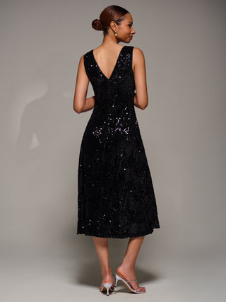 V-Neck Sequin Embellished Velvet Midi Dress, Black