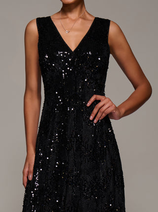 V-Neck Sequin Embellished Velvet Midi Dress, Black