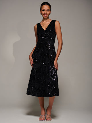 V-Neck Sequin Embellished Velvet Midi Dress, Black