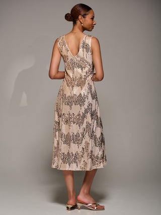 V-Neck Sequin Embellished Velvet Midi Dress, Gold