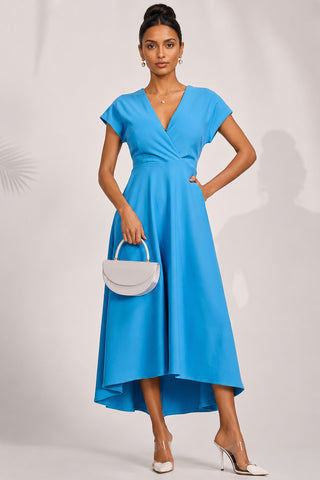 Printed Scuba Dipped Hem Maxi Dress, Blue