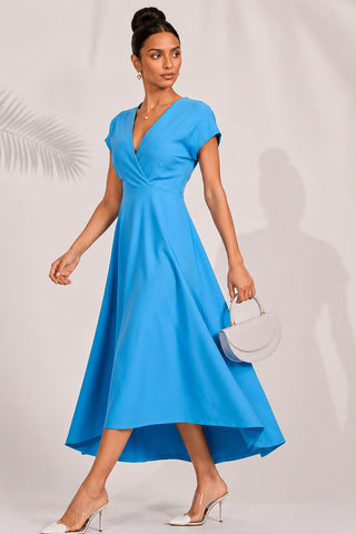 Printed Scuba Dipped Hem Maxi Dress, Blue
