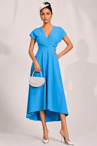 Printed Scuba Dipped Hem Maxi Dress, Blue