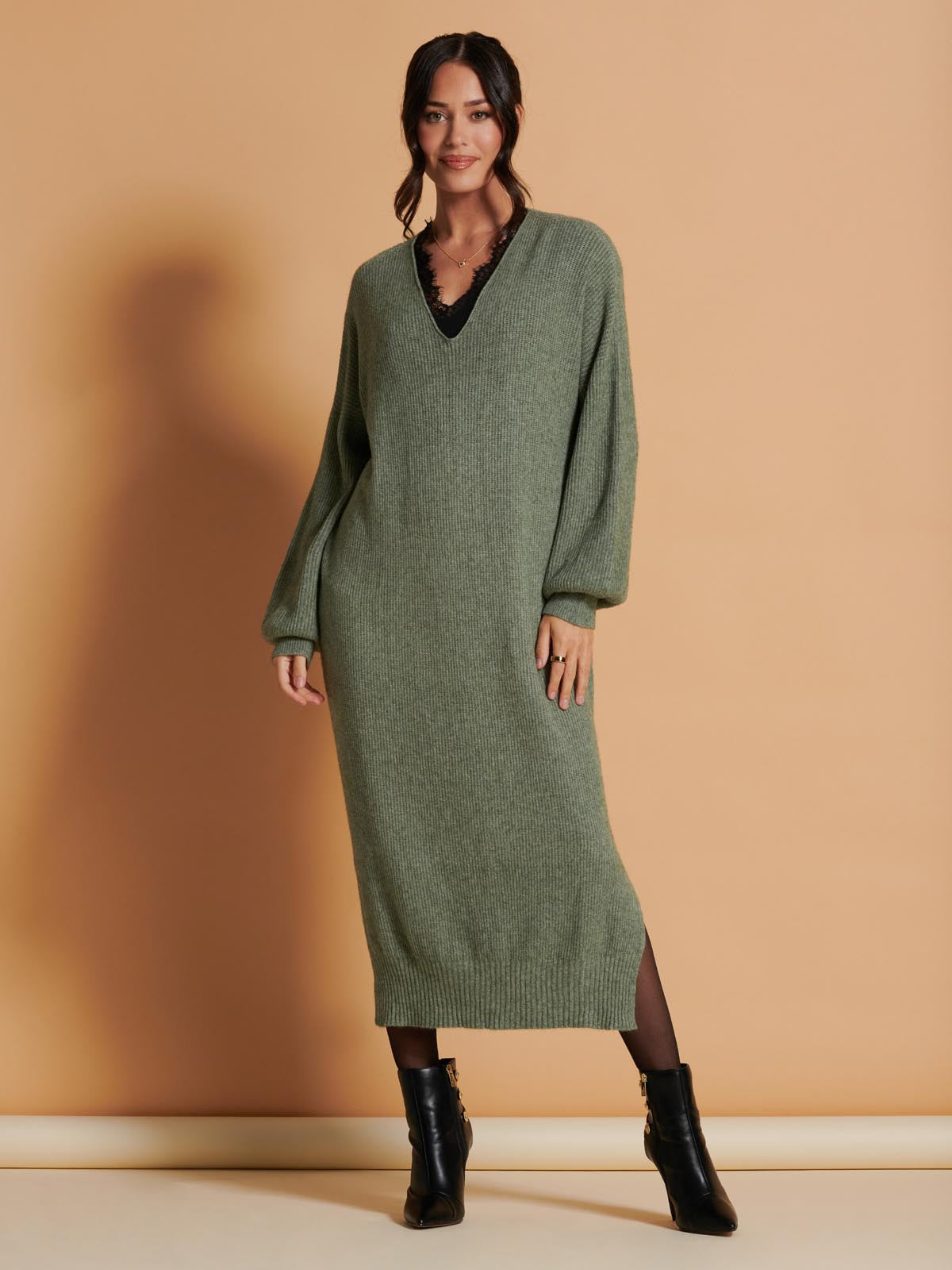 V Neck Knittted Jumper Maxi Dress, Khaki Green