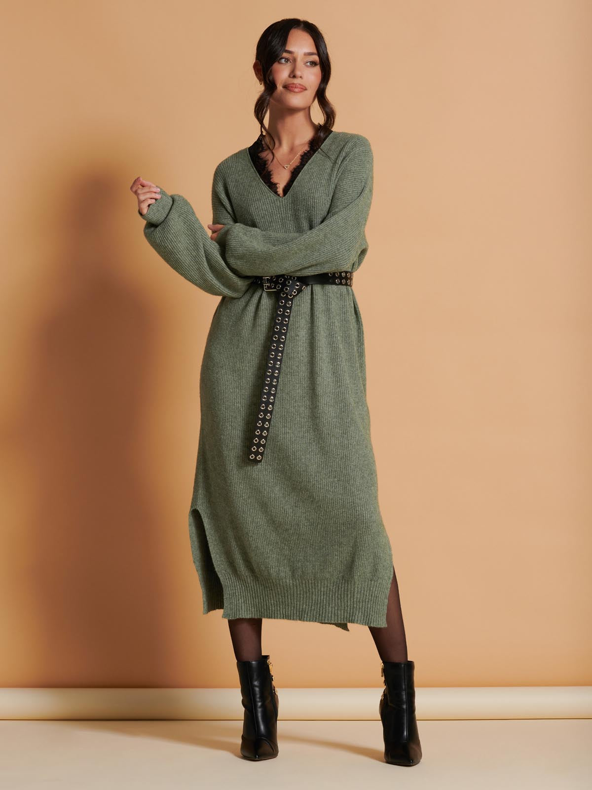 V Neck Knittted Jumper Maxi Dress, Khaki Green