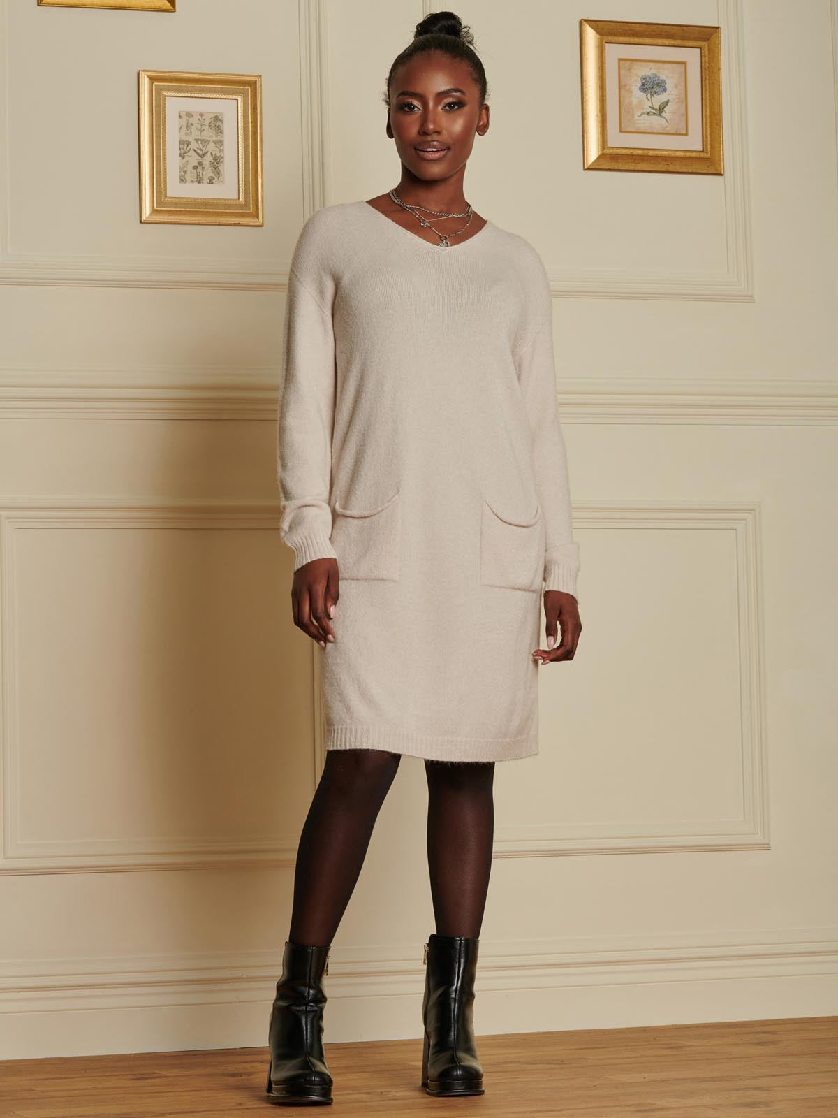 Made in Italy V Neck Knitted Jumper Dress, Stone