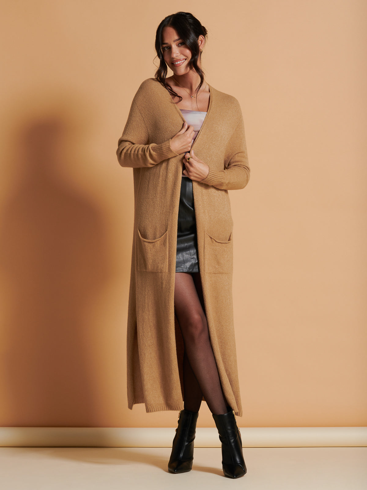 Made in Italy Soft Knit Longline Maxi Cardigan, Camel