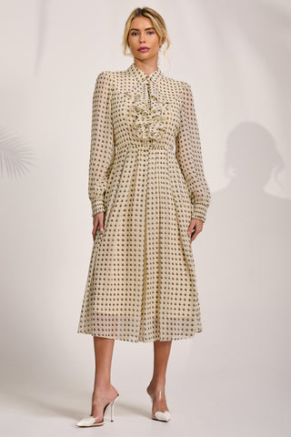 Chiffon Print Ruffled Shirt Dress, Beige Paisley