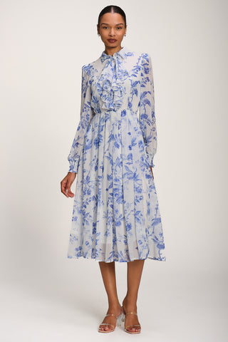 Chiffon Print Ruffled Shirt Dress, White Floral