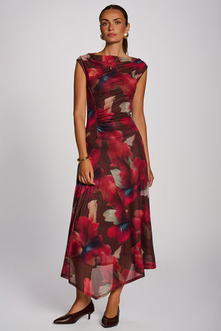 Asymmetric Draped Mesh Maxi Dress, Brown Floral
