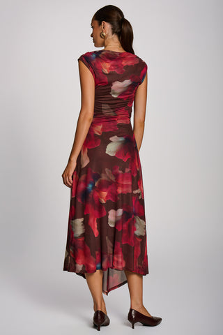 Asymmetric Draped Mesh Maxi Dress, Brown Floral