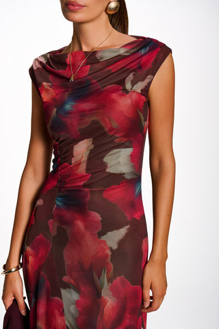 Asymmetric Draped Mesh Maxi Dress, Brown Floral