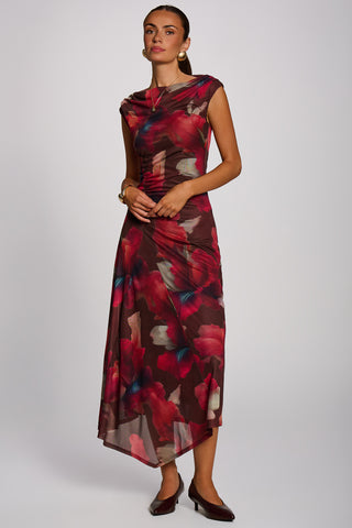 Asymmetric Draped Mesh Maxi Dress, Brown Floral