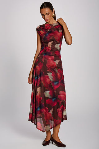 Asymmetric Draped Mesh Maxi Dress, Brown Floral