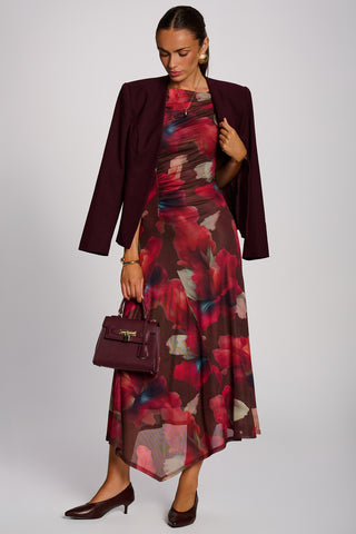 Asymmetric Draped Mesh Maxi Dress, Brown Floral