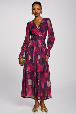 Long Sleeve V Neck Mesh Maxi Dress, Burgundy Floral