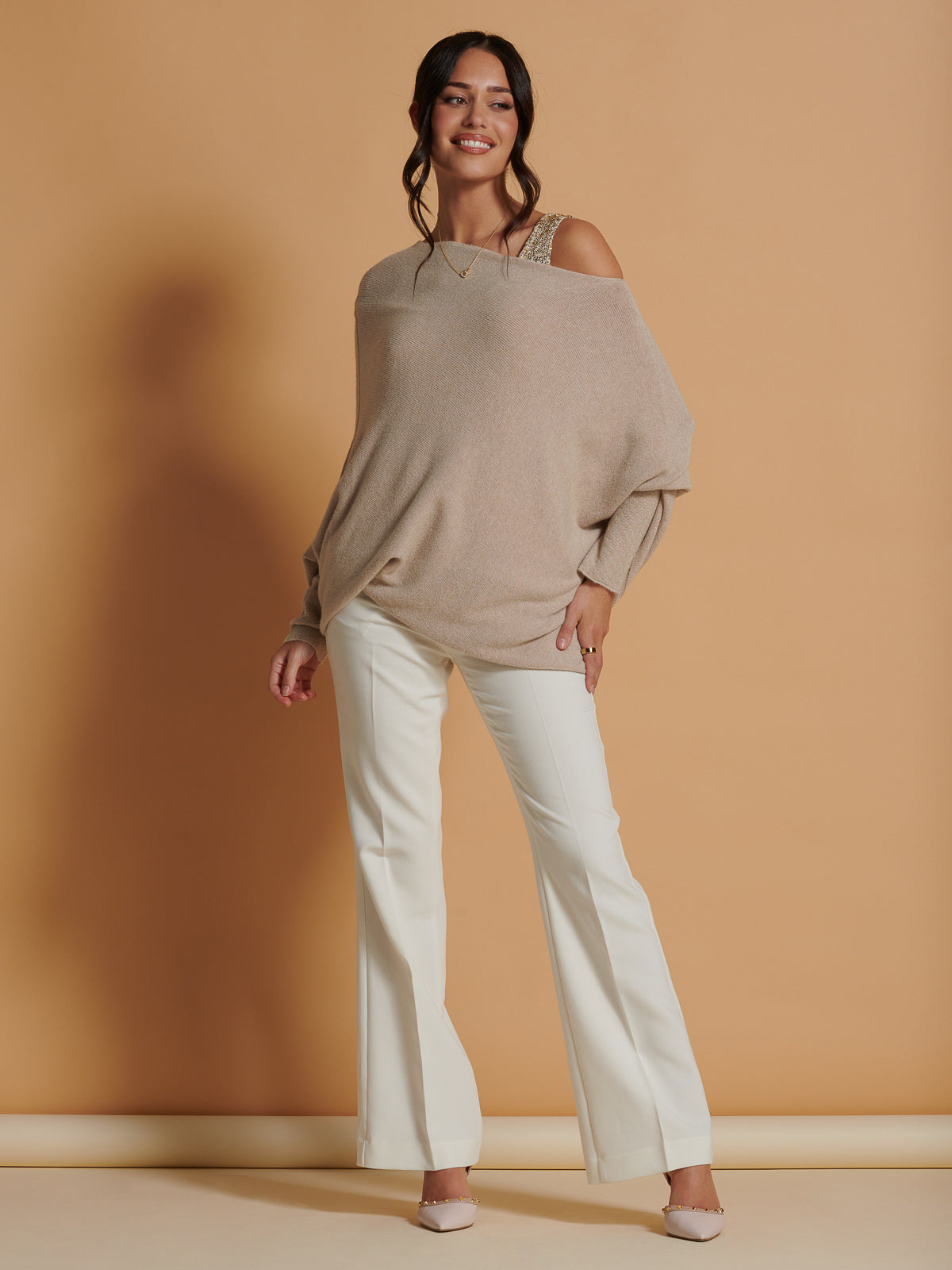 Made in Italy Asymmetric Draped Soft Knit Jumper, Beige