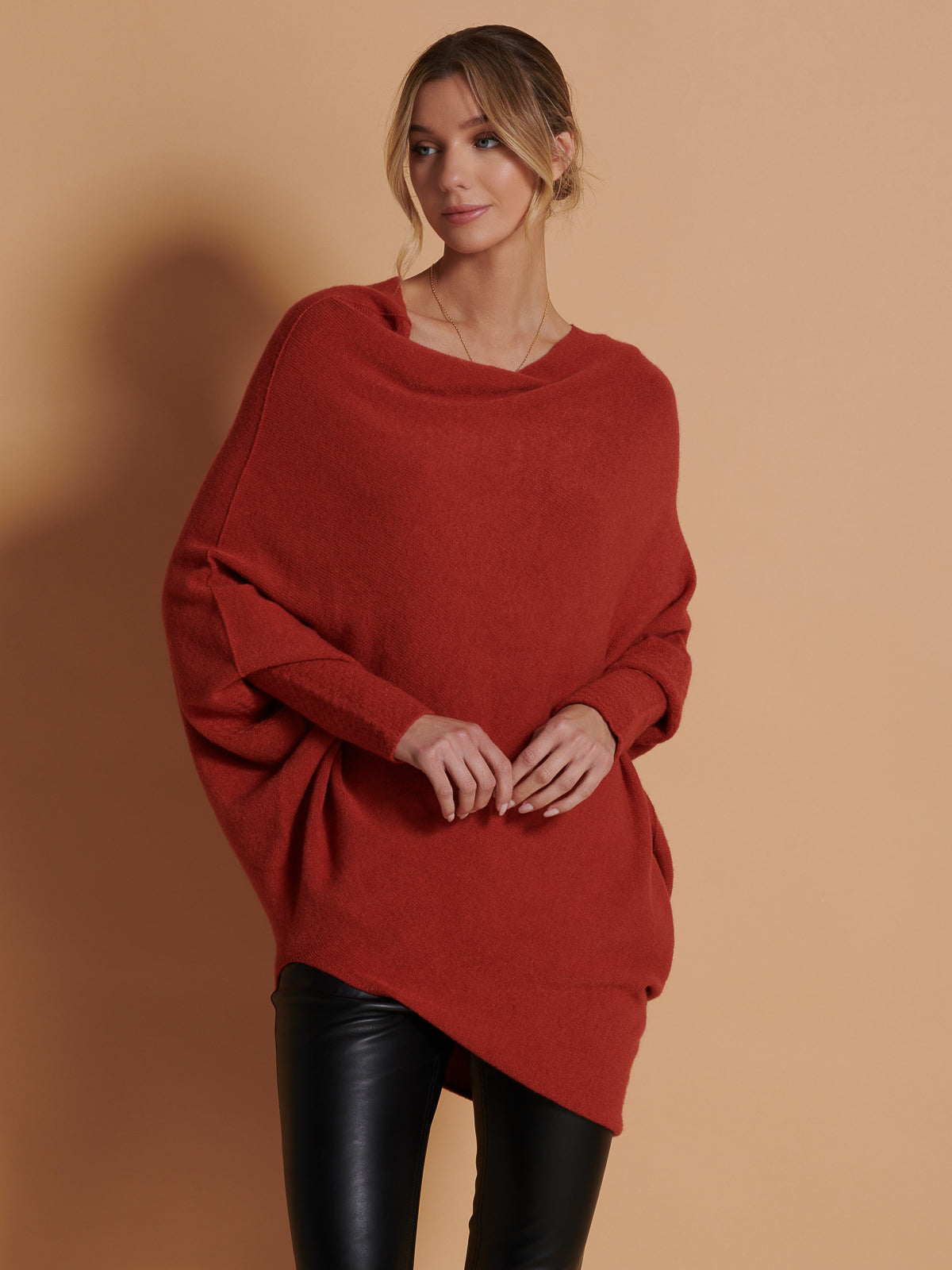 Made in Italy Asymmetric Draped Soft Knit Jumper, Brick Red