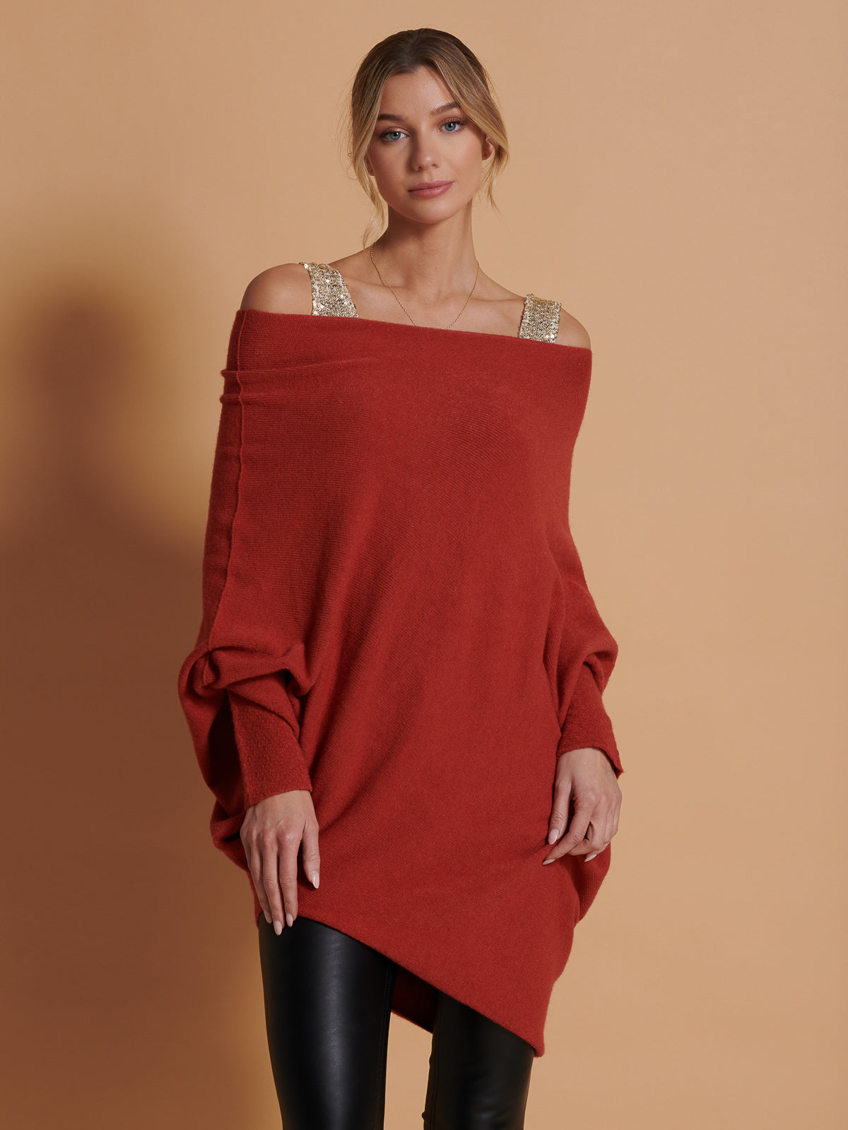 Made in Italy Asymmetric Draped Soft Knit Jumper, Brick Red