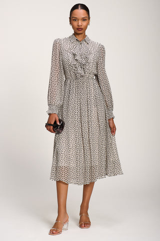 Chiffon Ruffle Long Sleeve Shirt Dress, White Geo