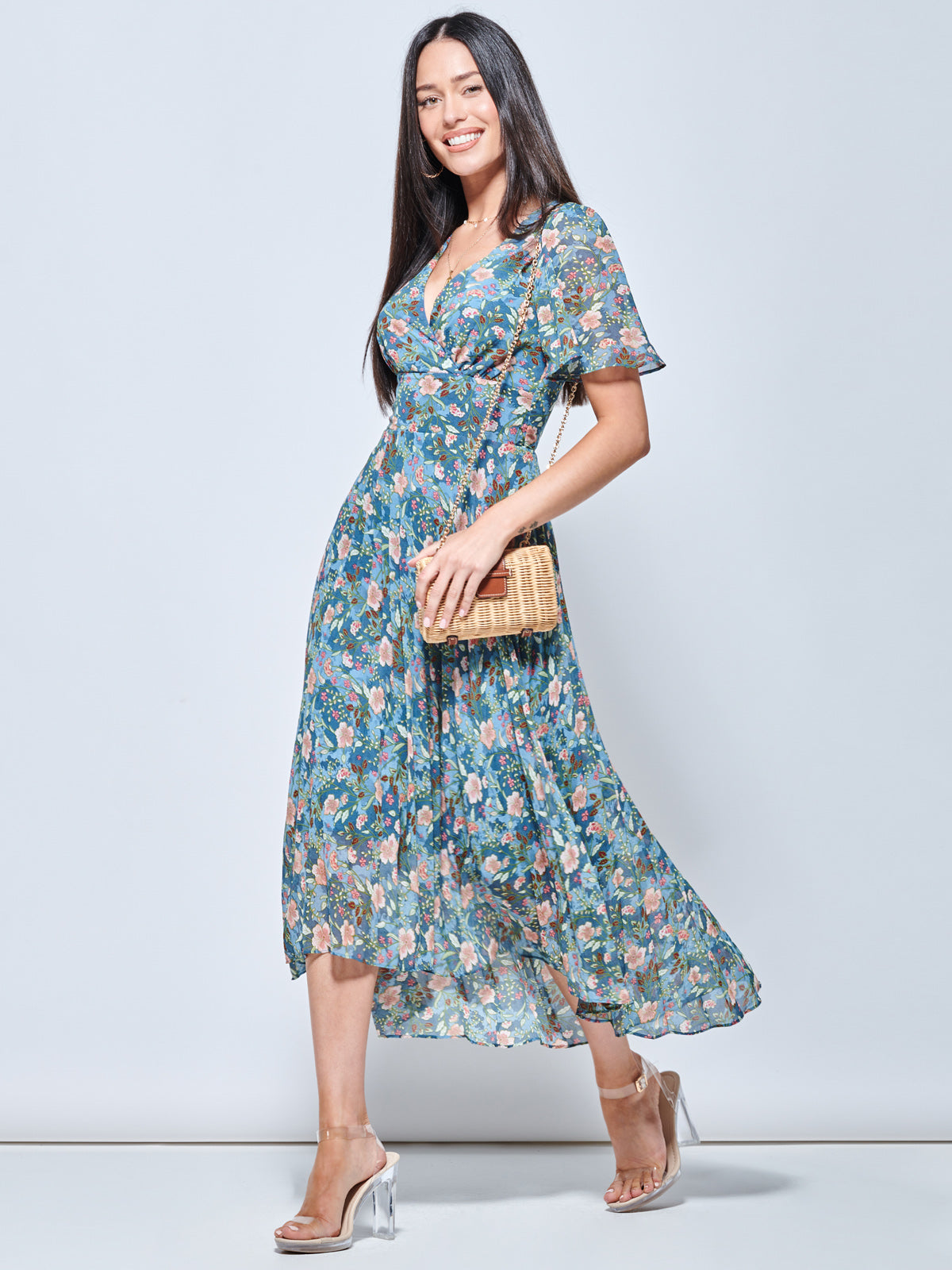 Pleated Chiffon High Low Maxi Dress, Teal Floral
