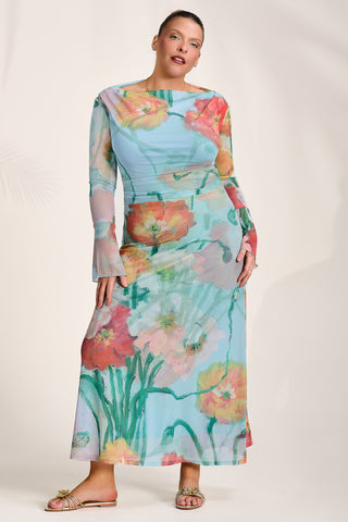 Long Sleeve Slash Neck Mesh Maxi Dress, Blue Floral