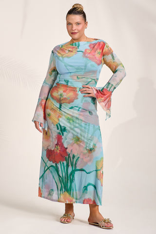 Long Sleeve Slash Neck Mesh Maxi Dress, Blue Floral