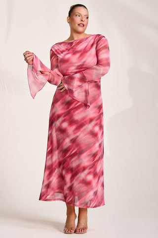 Long Sleeve Slash Neck Mesh Maxi Dress, Pink Abstract