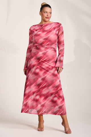 Long Sleeve Slash Neck Mesh Maxi Dress, Pink Abstract