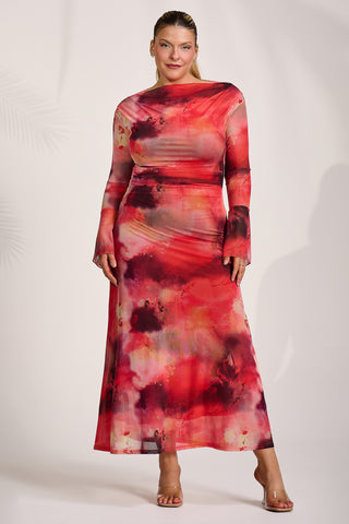 Long Sleeve Slash Neck Mesh Maxi Dress, Red Abstract